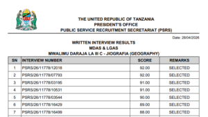 Matokeo Ya Usaili Wa Kuandika Uliofanyika Tarehe 25-26