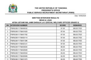 MATOKEO ya Usaili wa Kuandika Uliofanyika TAREHE 17/05/2026