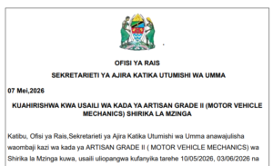 Kuahirishwa Kwa Usaili Wa Kada Ya Artisan Grade II (Motor Vehicle Mechanics) Shirika La Mzinga