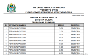MATOKEO Ya Usaili Wa Kuandika Uliofanyika Tarehe 09/05/2026